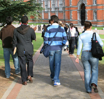 Students walking on a college quad