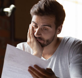 Confused man looks at his credit card statement